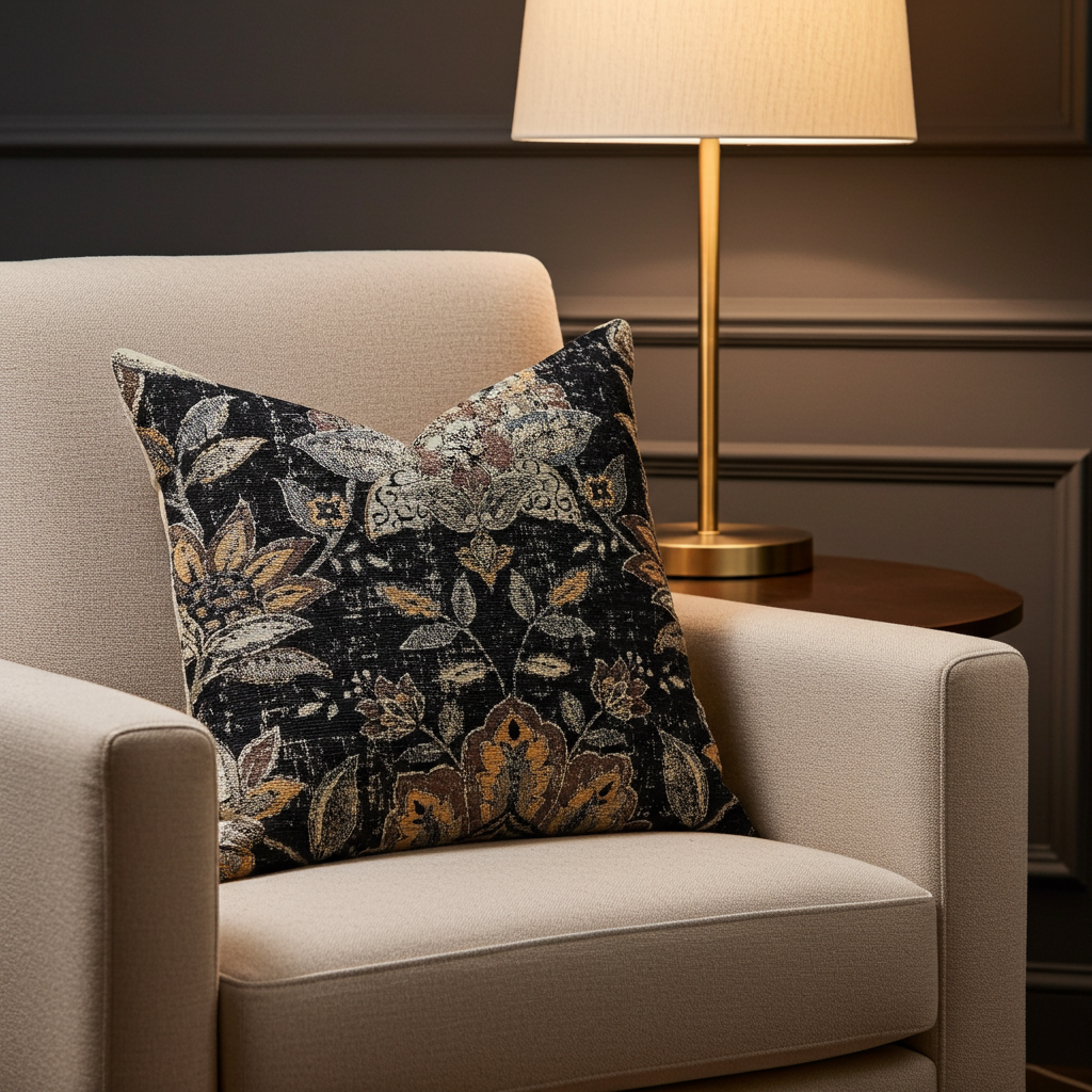 Noir Lotus Blossom Luxury Throw Pillow