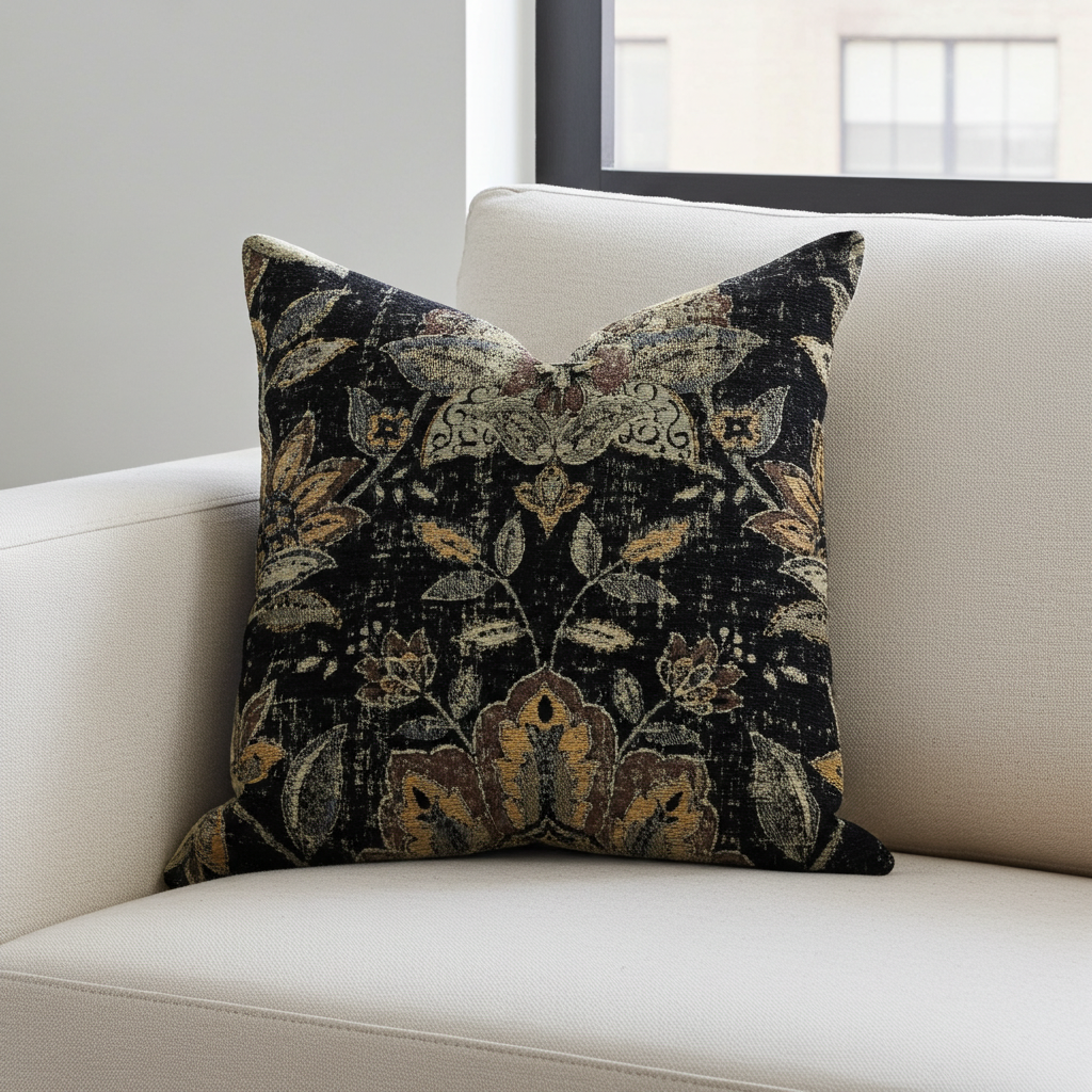 Noir Lotus Blossom Luxury Throw Pillow