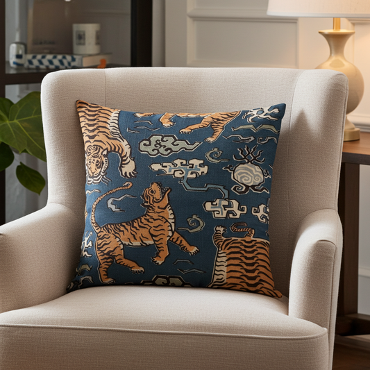 Kimono Tiger Blue and Beige Luxury Throw Pillow