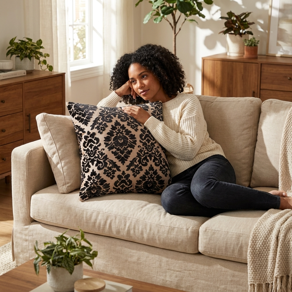 Floral Fantasy Black and Beige Luxury Throw Pillow