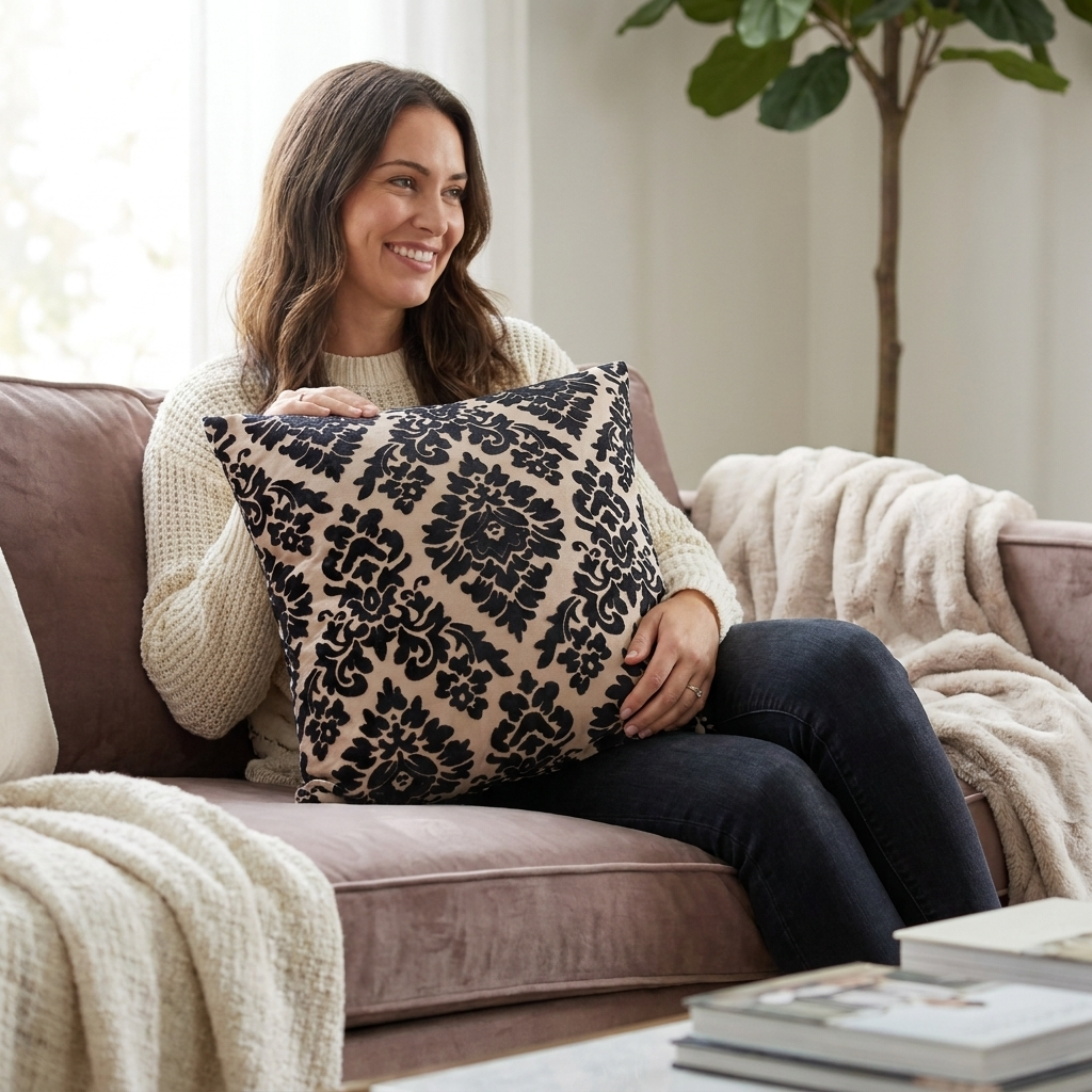 Floral Fantasy Black and Beige Luxury Throw Pillow
