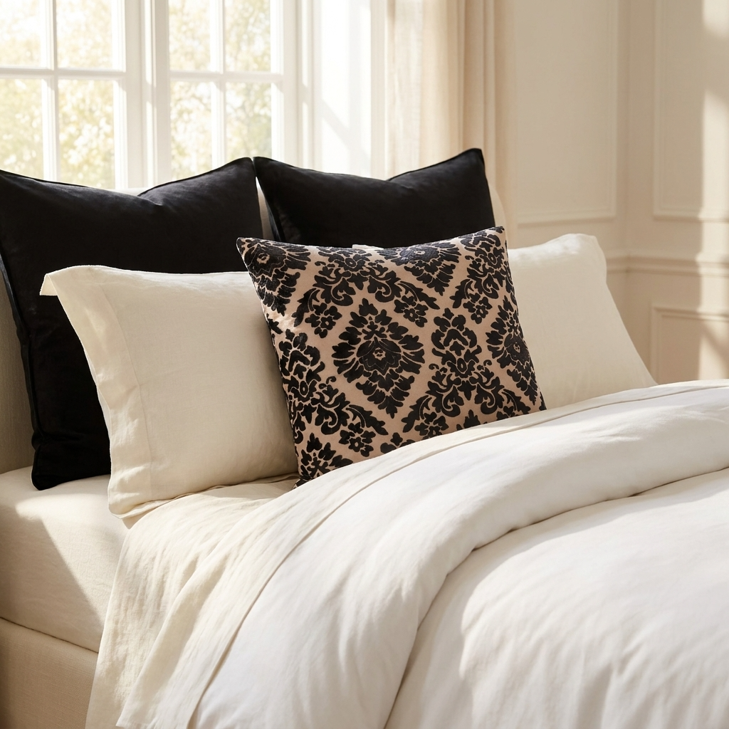 Floral Fantasy Black and Beige Luxury Throw Pillow