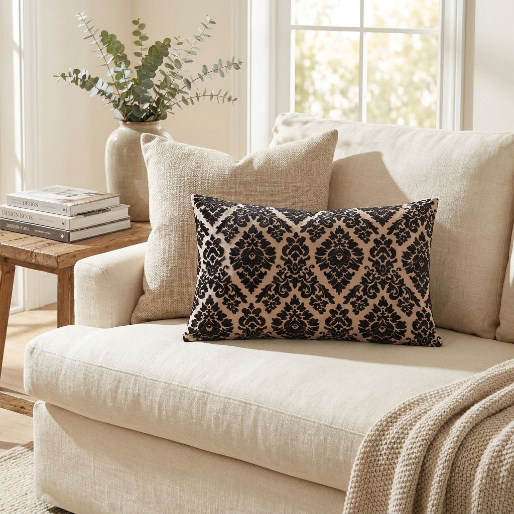 Floral Fantasy Black and Beige Luxury Throw Pillow