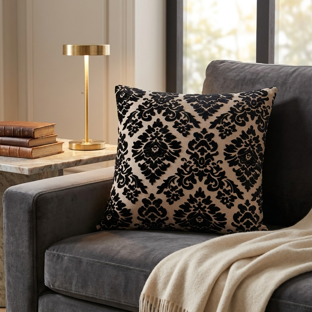 Floral Fantasy Black and Beige Luxury Throw Pillow