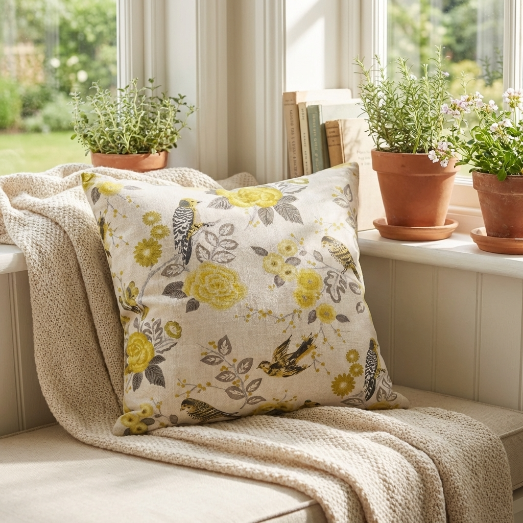 Song Bird Gardens Yellow, Beige and Gray Luxury Throw Pillow