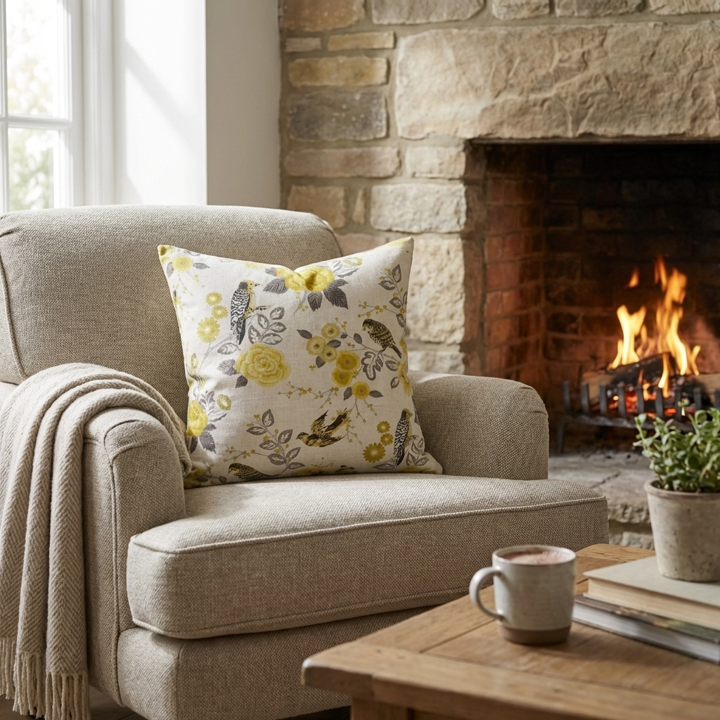 Song Bird Gardens Yellow, Beige and Gray Luxury Throw Pillow