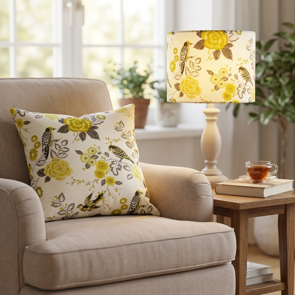 Song Bird Gardens Yellow, Beige and Gray Luxury Throw Pillow