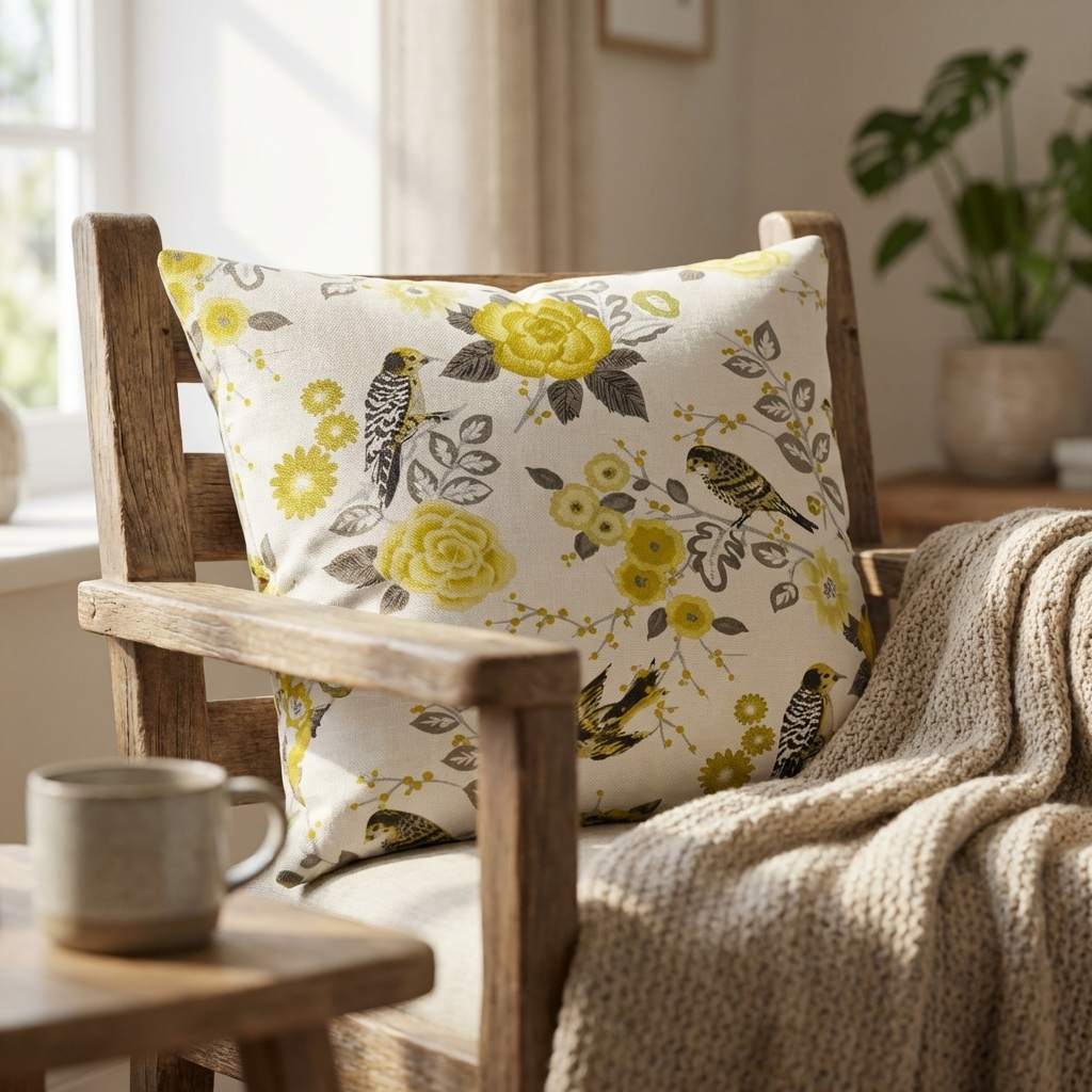 Song Bird Gardens Yellow, Beige and Gray Luxury Throw Pillow