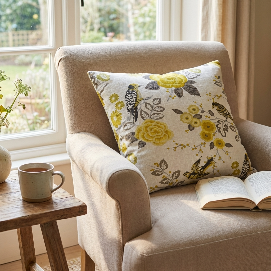 Song Bird Gardens Yellow, Beige and Gray Luxury Throw Pillow