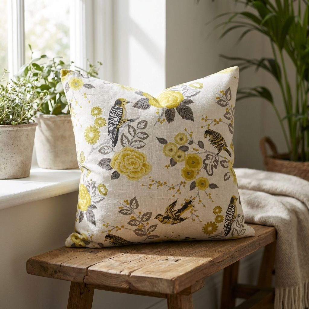 Song Bird Gardens Yellow, Beige and Gray Luxury Throw Pillow