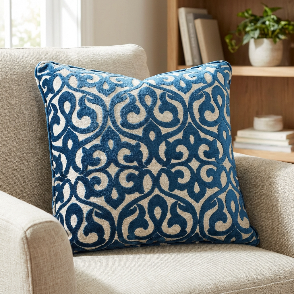 Velvety French Medallion Blue and Off White Geometric Luxury Throw Pillow