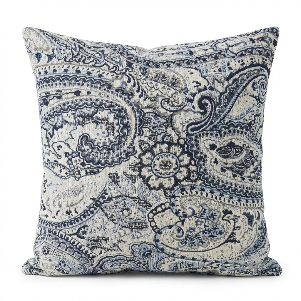 Aristocratic Floret White/ Blue Paisley Luxury Outdoor/Indoor Throw Pillow