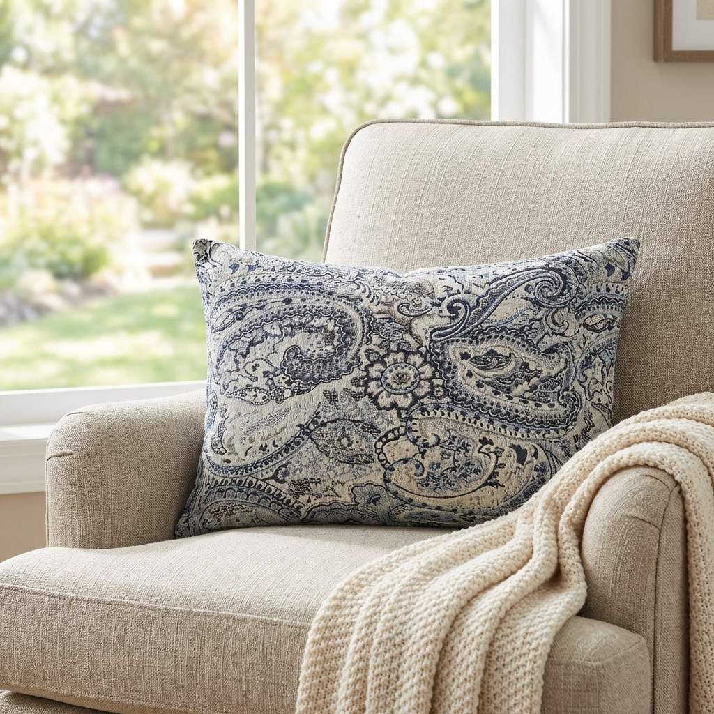 Aristocratic Floret White/ Blue Paisley Luxury Outdoor/Indoor Throw Pillow
