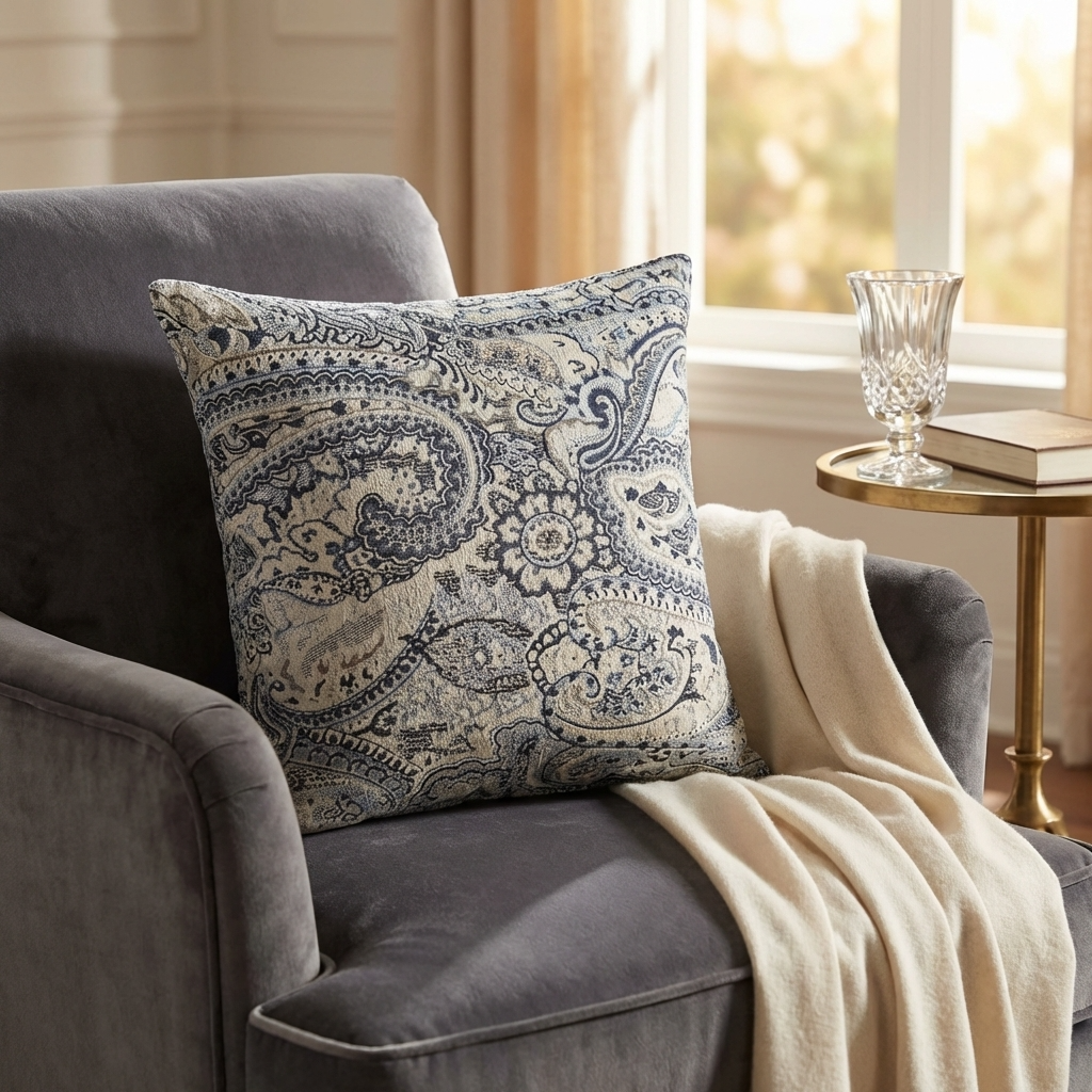 Aristocratic Floret White/ Blue Paisley Luxury Outdoor/Indoor Throw Pillow