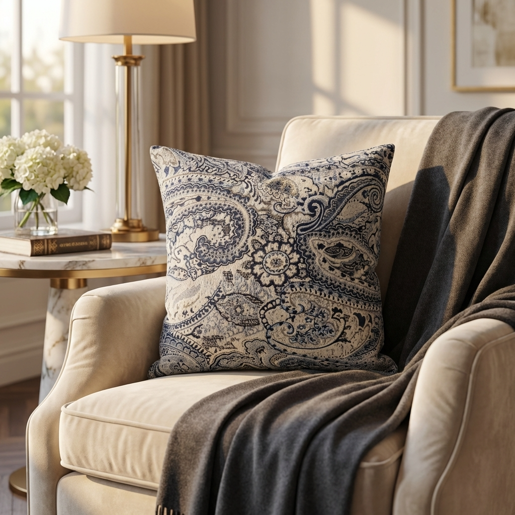 Aristocratic Floret White/ Blue Paisley Luxury Outdoor/Indoor Throw Pillow