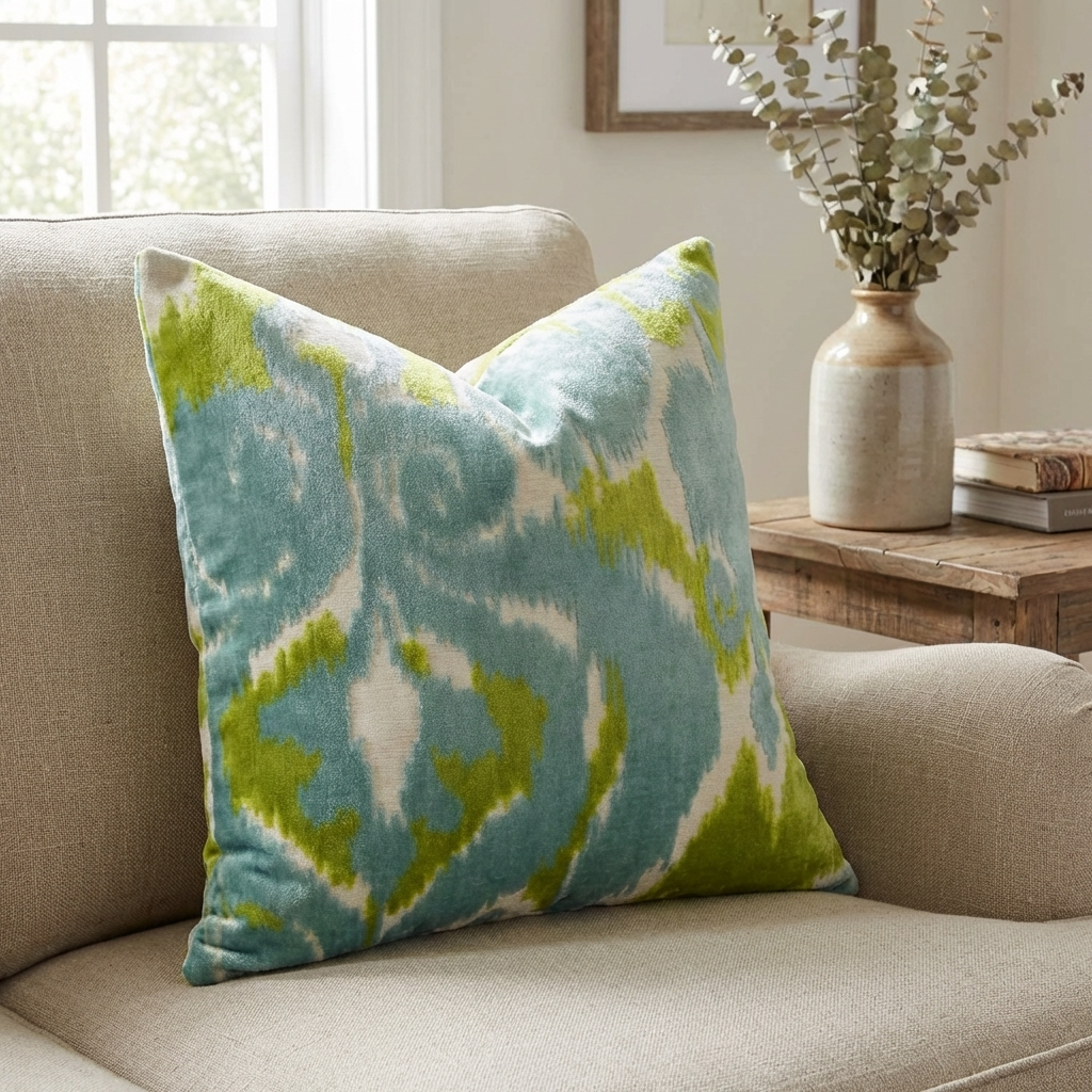 Velvet Pine Cliff Blue Citrine and Cream Handmade Luxury Pillow