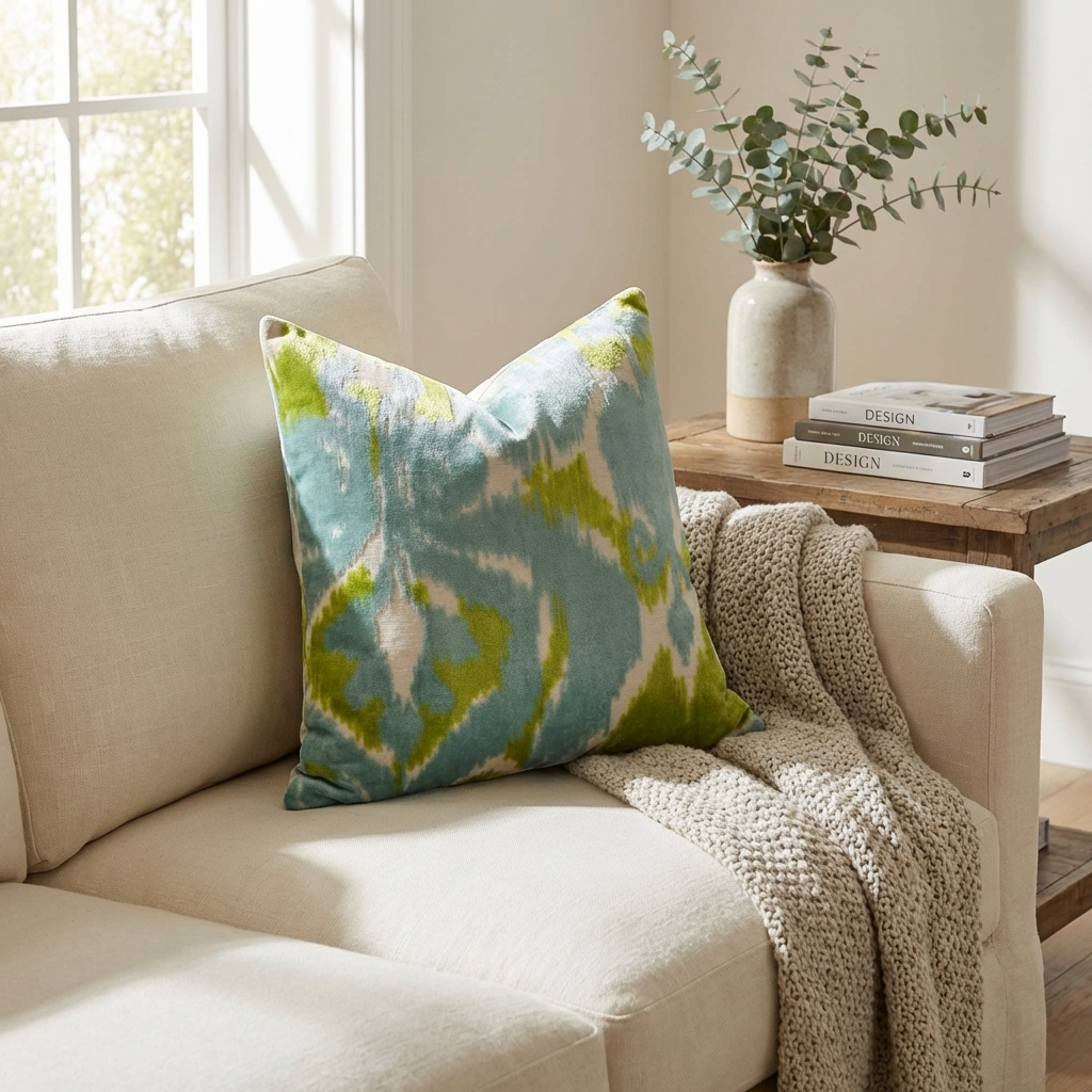 Velvet Pine Cliff Blue Citrine and Cream Handmade Luxury Pillow