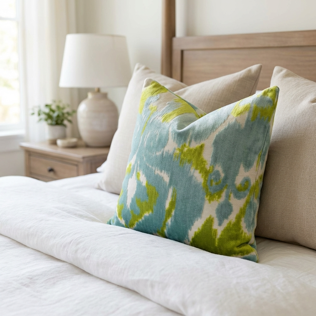 Velvet Pine Cliff Blue Citrine and Cream Handmade Luxury Pillow