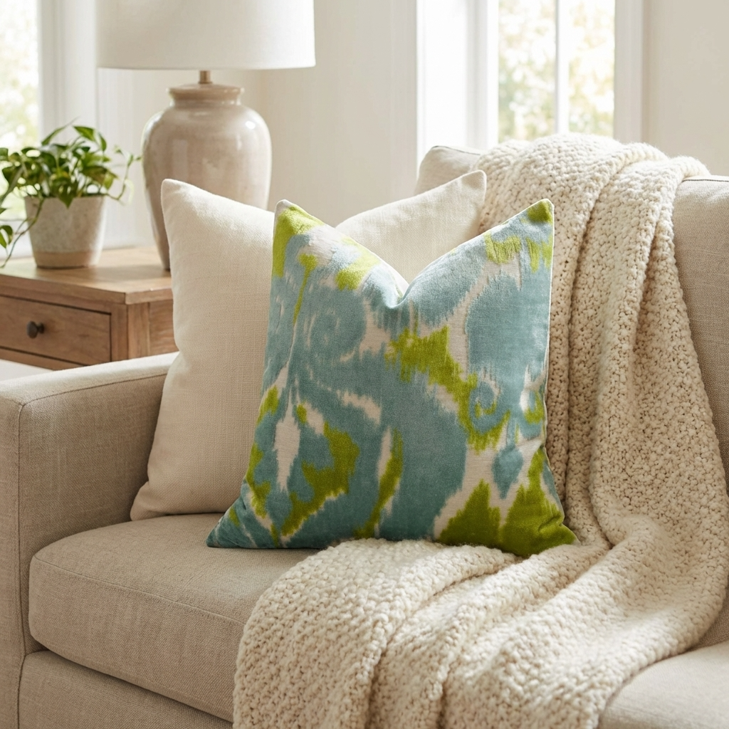 Velvet Pine Cliff Blue Citrine and Cream Handmade Luxury Pillow