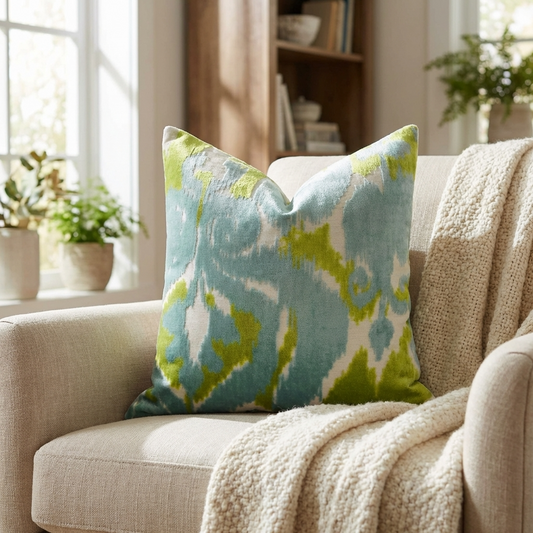 Velvet Pine Cliff Blue Citrine and Cream Handmade Luxury Pillow
