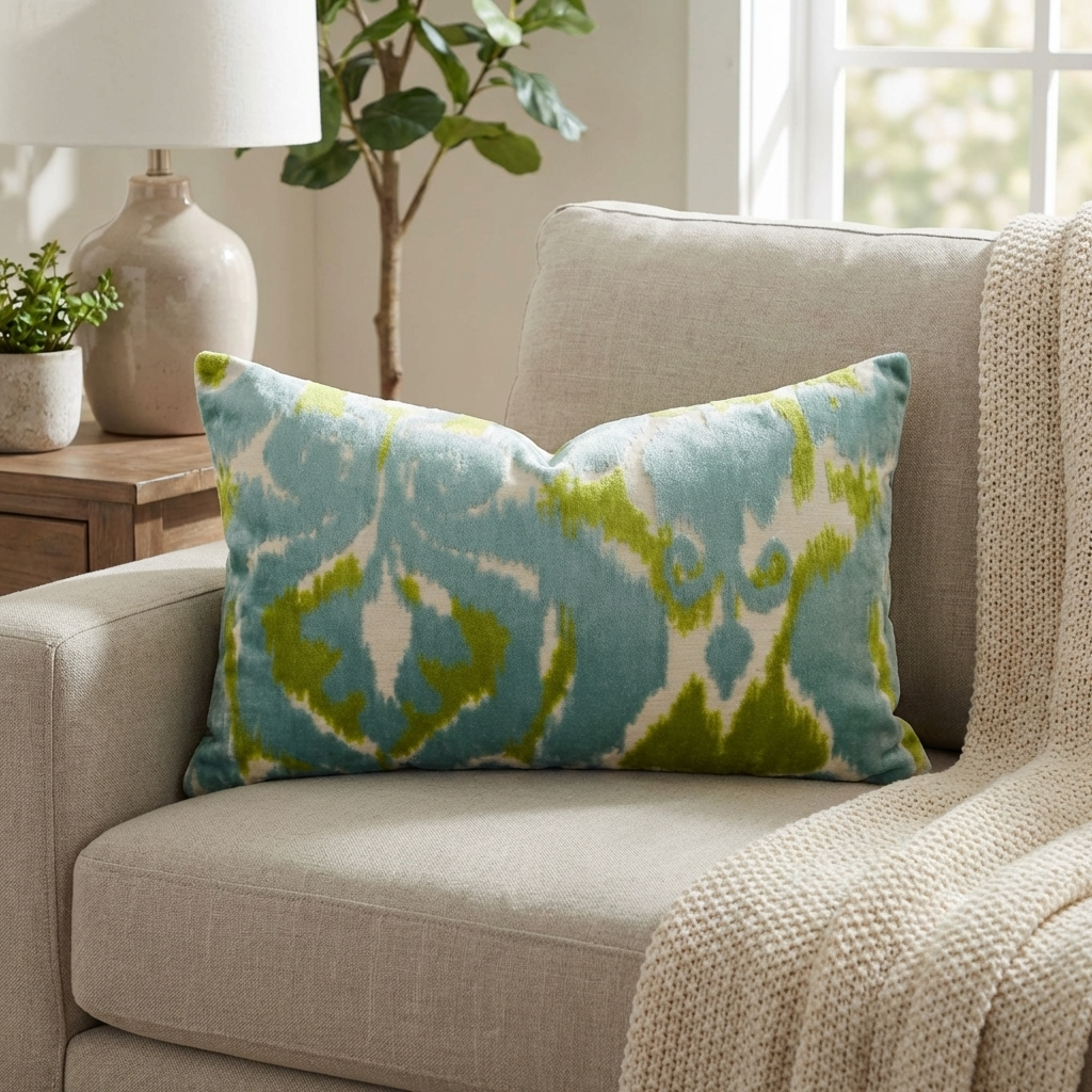 Velvet Pine Cliff Blue Citrine and Cream Handmade Luxury Pillow