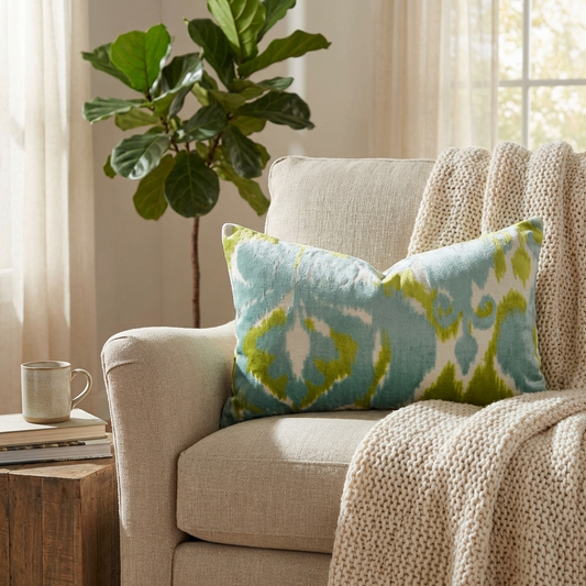 Velvet Pine Cliff Blue Citrine and Cream Handmade Luxury Pillow