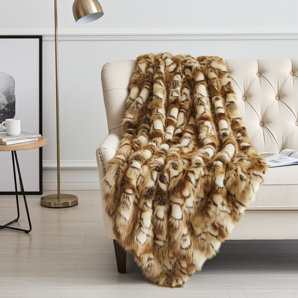 Brandy Gold and White Faux Fox Handmade Luxury Throw