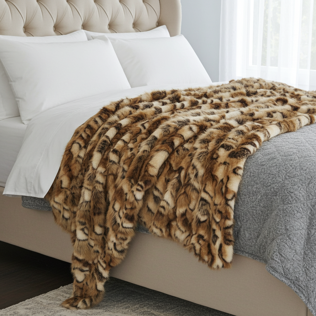 Brandy Gold and White Faux Fox Handmade Luxury Throw