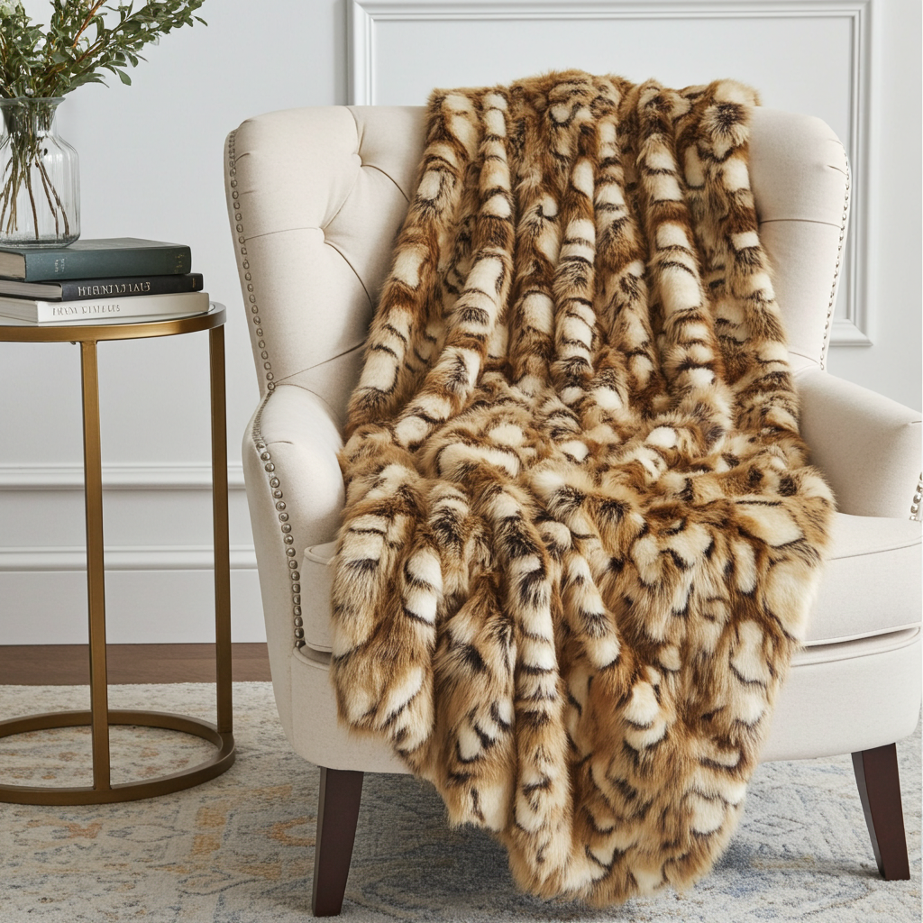 Brandy Gold and White Faux Fox Handmade Luxury Throw