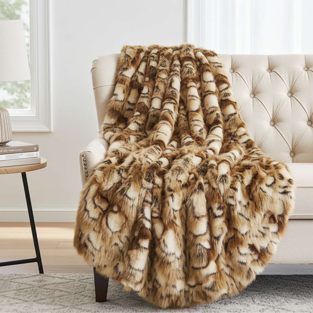 Brandy Gold and White Faux Fox Handmade Luxury Throw