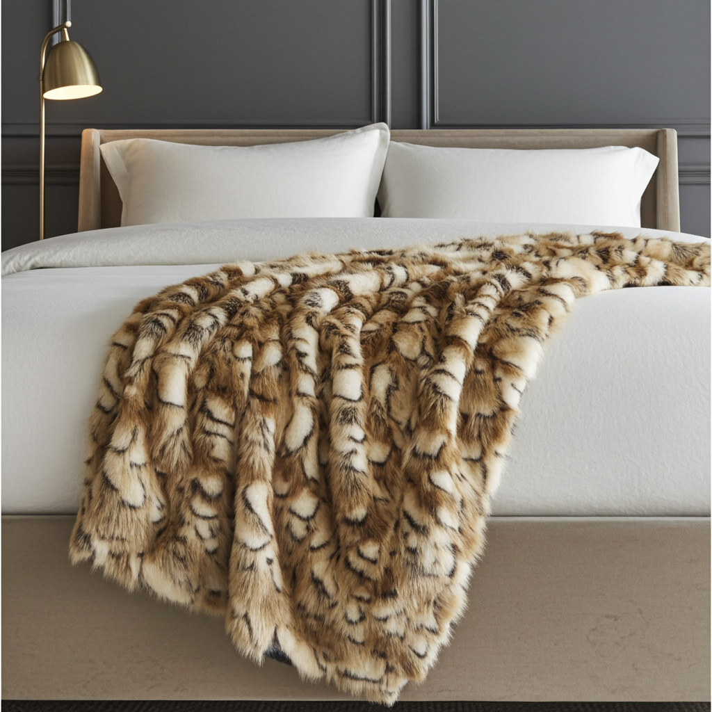 Brandy Gold and White Faux Fox Handmade Luxury Throw