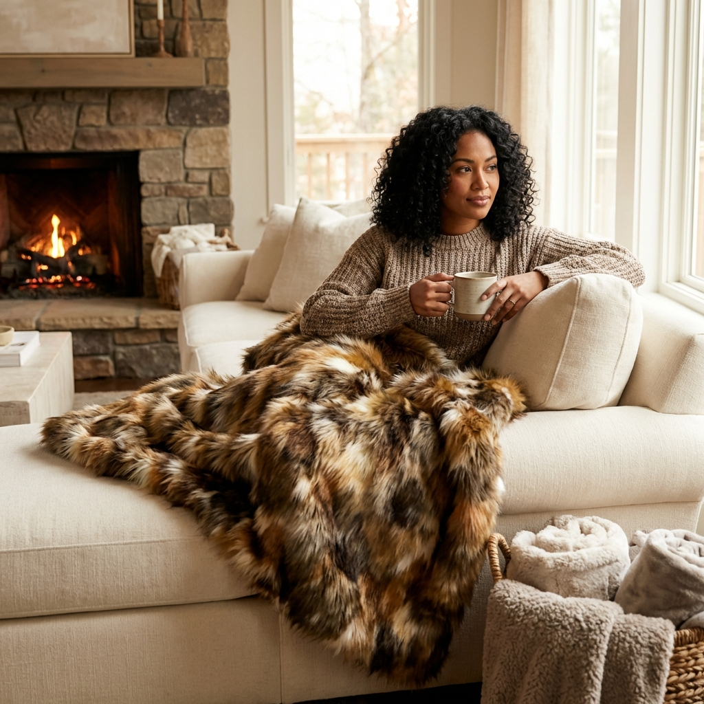 Brandy Gold and White Faux Fox Handmade Luxury Throw
