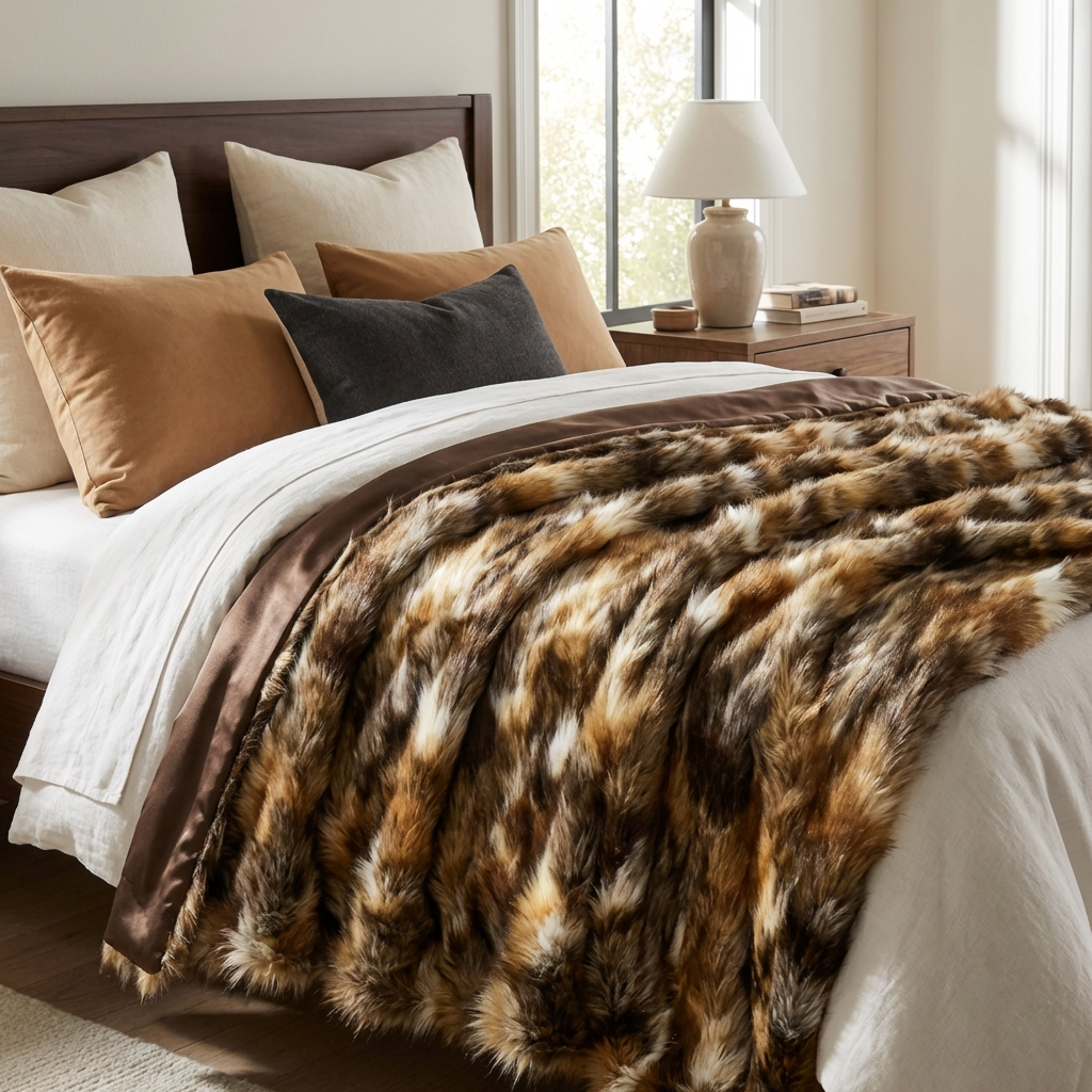 Brandy Gold and White Faux Fox Handmade Luxury Throw