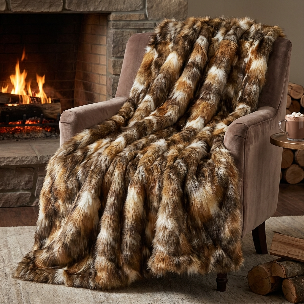 Brandy Gold and White Faux Fox Handmade Luxury Throw