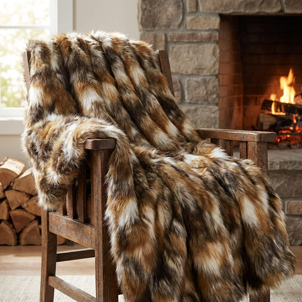 Brandy Gold and White Faux Fox Handmade Luxury Throw