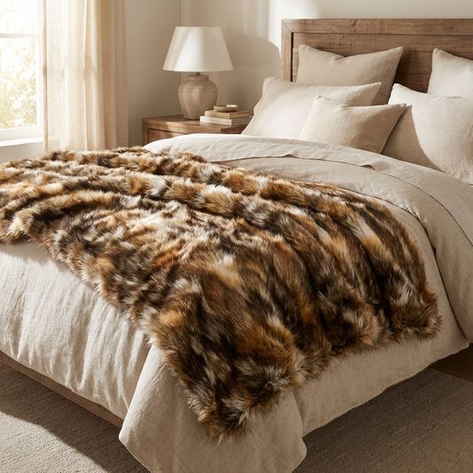 Brandy Gold and White Faux Fox Handmade Luxury Throw