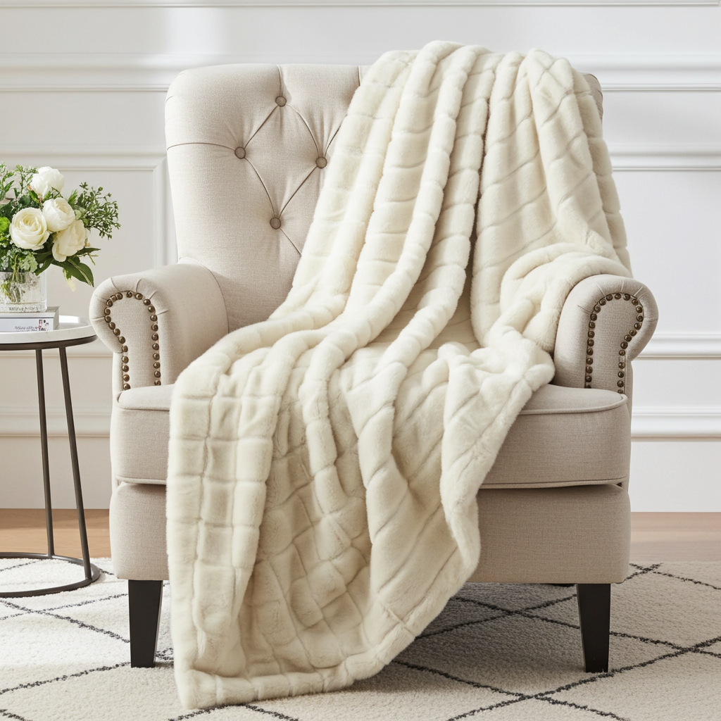 Fancy Mink Faux Fur Ivory Luxury Throw