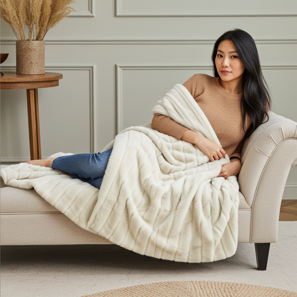 Fancy Mink Faux Fur Ivory Luxury Throw