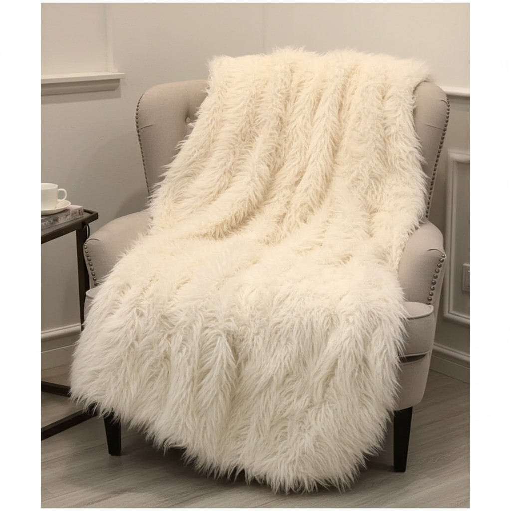 Off-White Mongolian Faux Fur Luxury Throw