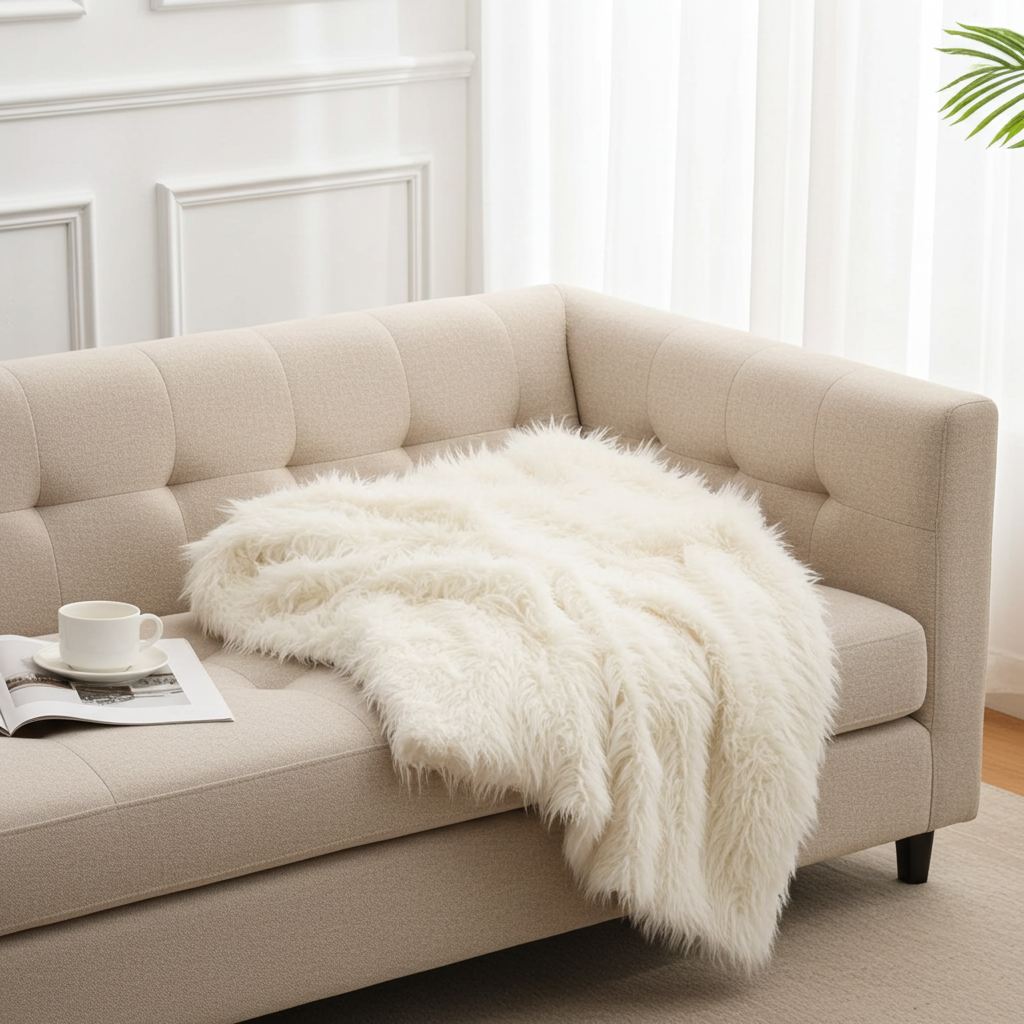 Off-White Mongolian Faux Fur Luxury Throw