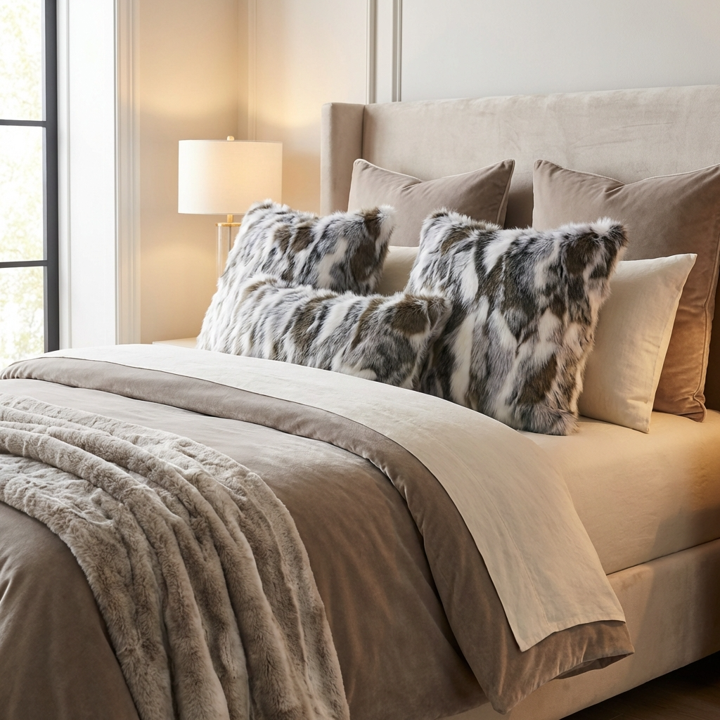 Plutus Ivory,Gray Ivory Rabbit Fur Animal Faux Fur Luxury Throw Pillow