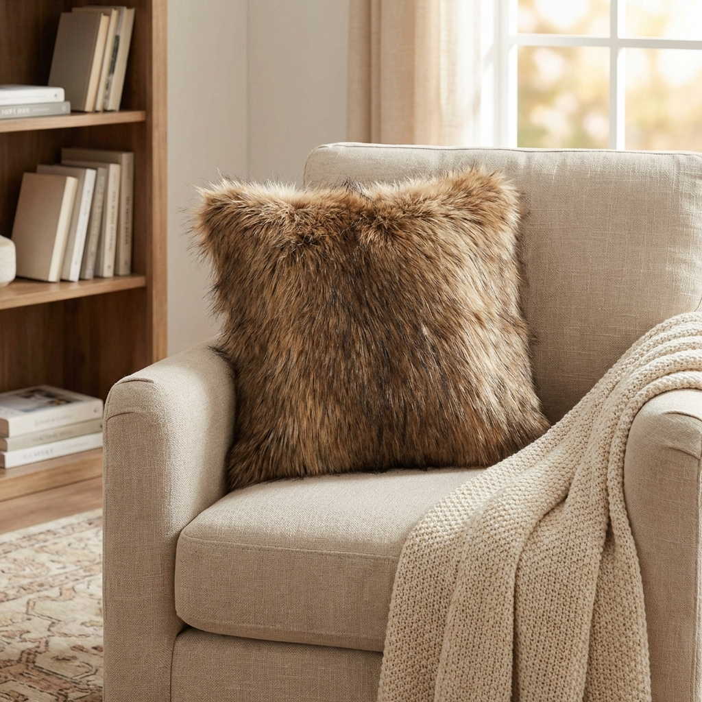 Plutus Light & Dark Brown Mountain Coyote Animal Faux Fur Luxury Throw Pillow