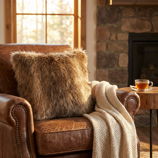 Plutus Light & Dark Brown Mountain Coyote Animal Faux Fur Luxury Throw Pillow