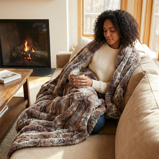 Beige and Brown Chinchilla Faux Fur Luxury Throw