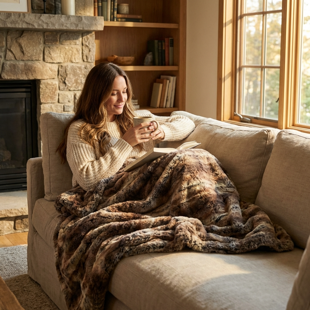 Beige and Brown Chinchilla Faux Fur Luxury Throw