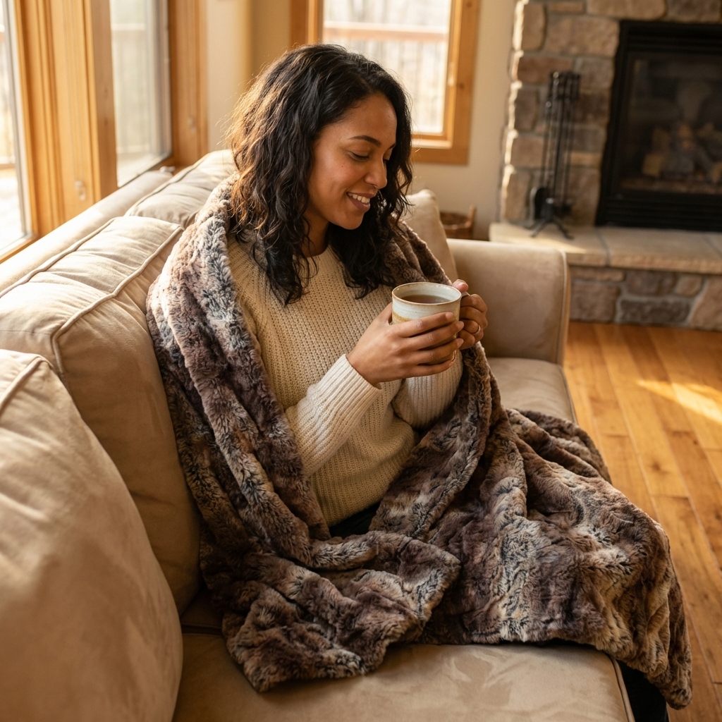 Beige and Brown Chinchilla Faux Fur Luxury Throw