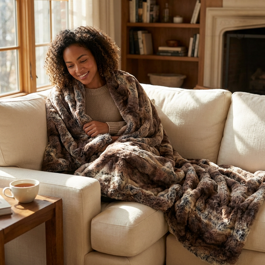 Beige and Brown Chinchilla Faux Fur Luxury Throw