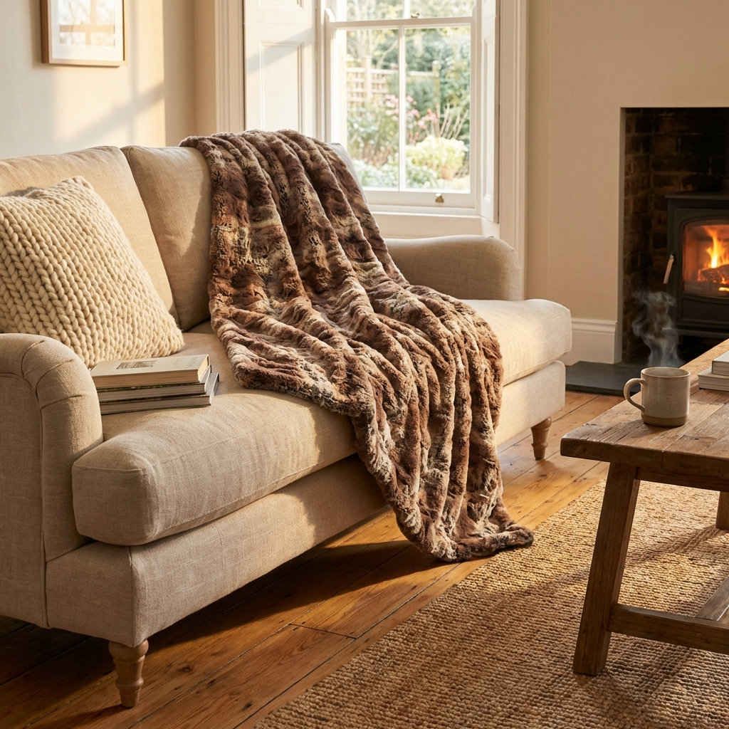 Beige and Brown Chinchilla Faux Fur Luxury Throw