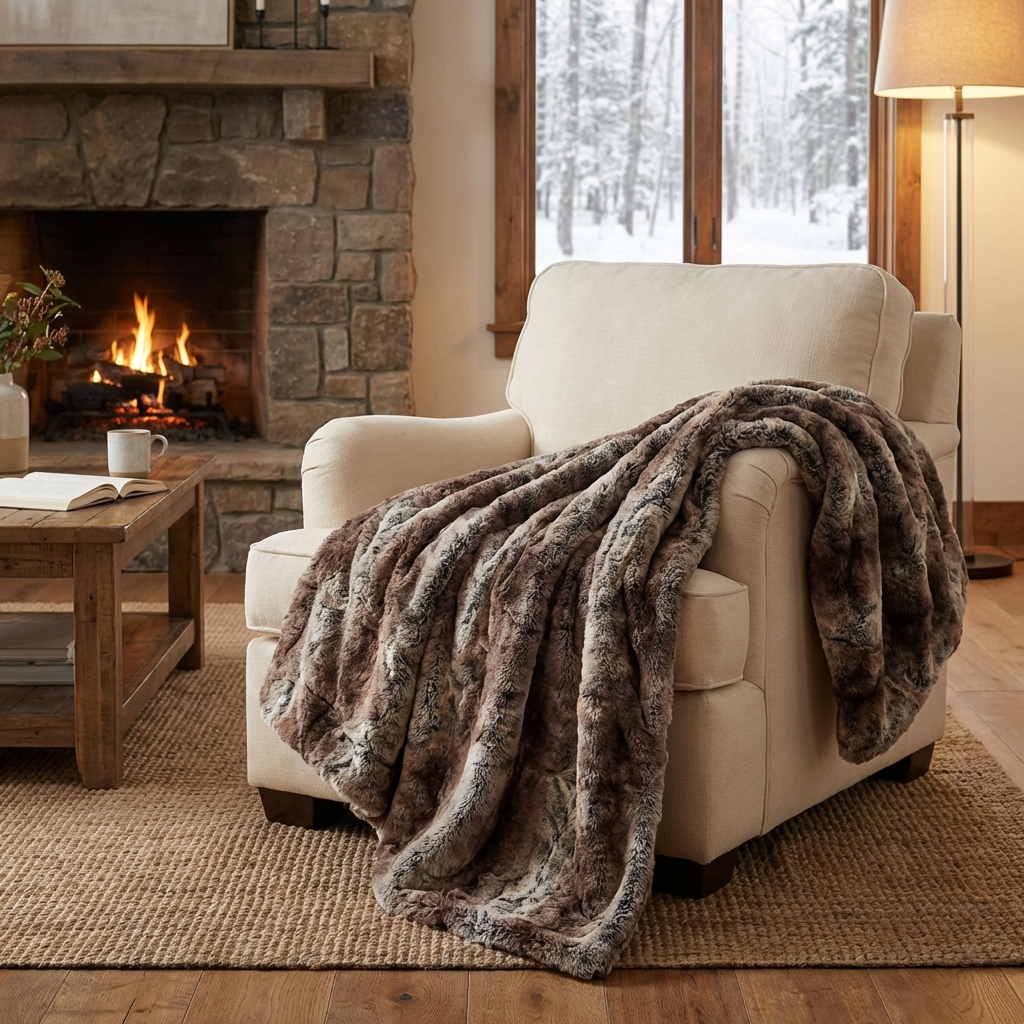 Beige and Brown Chinchilla Faux Fur Luxury Throw