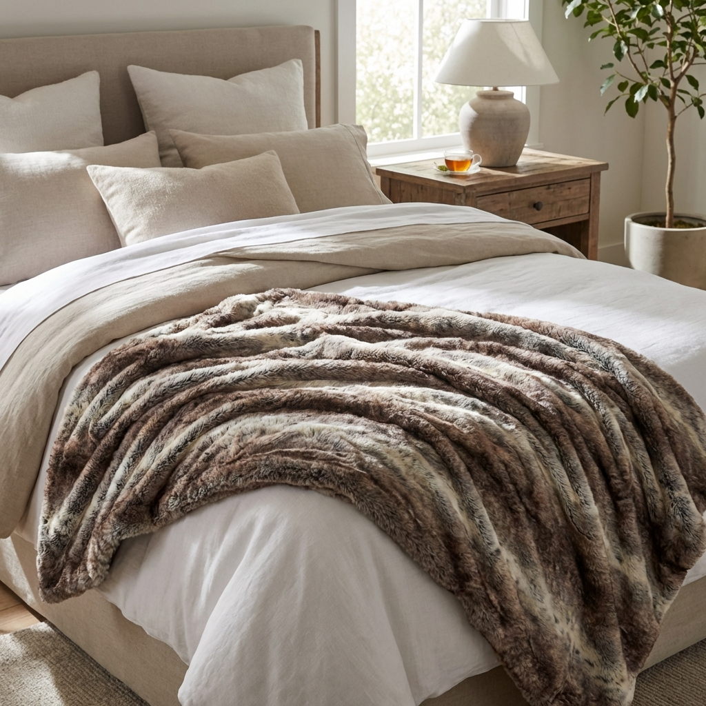 Beige and Brown Chinchilla Faux Fur Luxury Throw